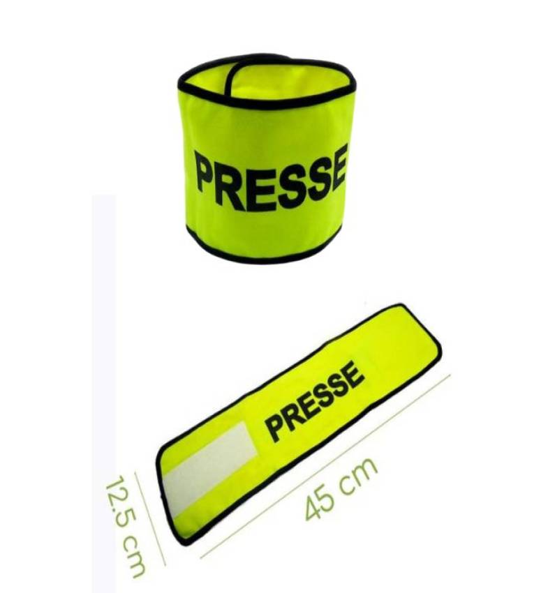 Brassard de presse haute visiblité - الصحافة- jaune fluorescent Avec Macaron Presse journaliste du Maroc.